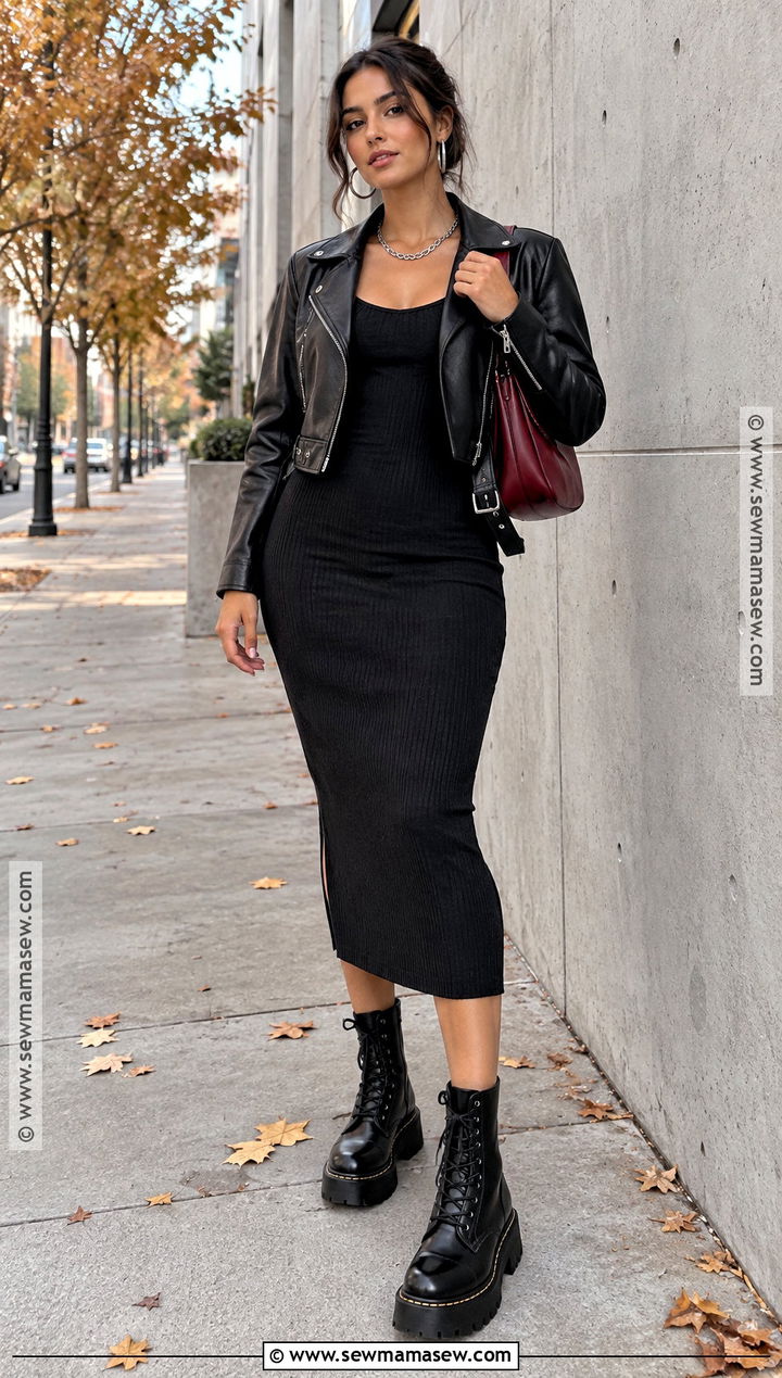 Black Bodycon Dress With Moto Jacket And Combat Boots - 25 black dress fall outfit ideas