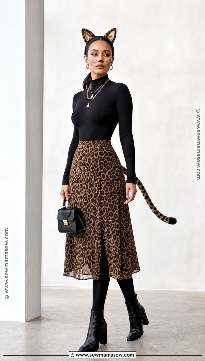Black Bodysuit And Cheetah Skirt Halloween Outfit - 30 cheetah outfit halloween ideas