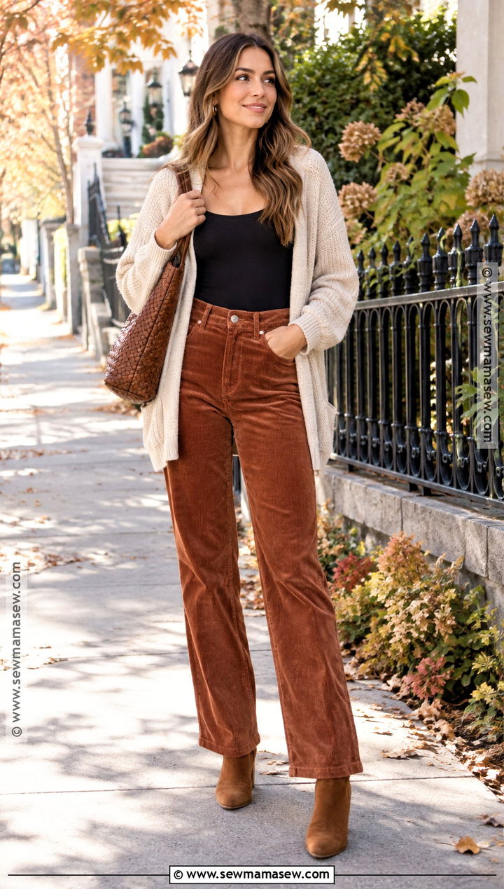 Black Bodysuit With Corduroy Pants and Cardigan - 15 Black Bodysuit Fall Outfit Ideas