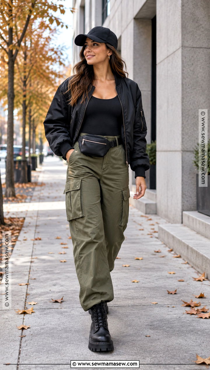 Black Bodysuit With Olive Cargo Pants and Bomber Jacket - 15 Black Bodysuit Fall Outfit Ideas
