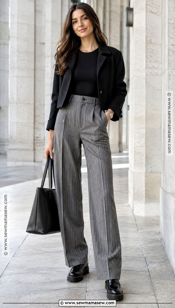Black Bodysuit With Pinstripe Pants and Loafers - 15 Black Bodysuit Fall Outfit Ideas