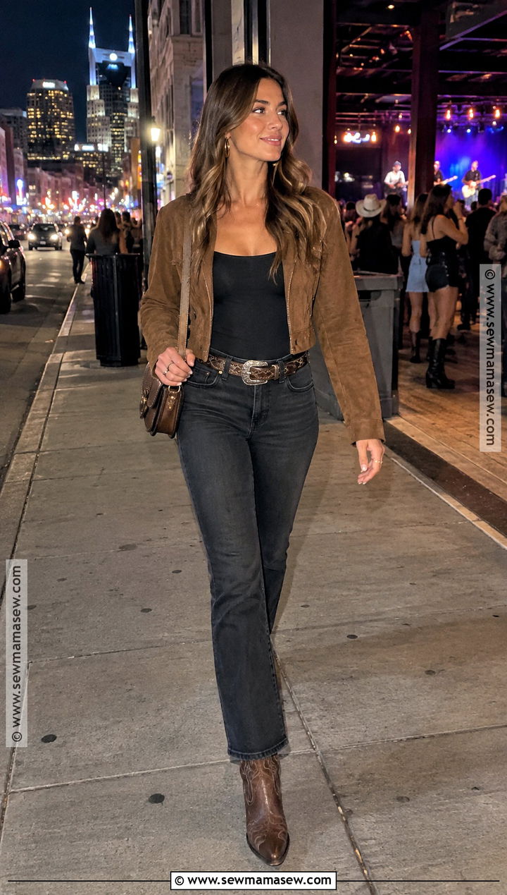 Black Bodysuit With Straight Jeans And Cowboy Boots - 20 fall nashville outfits going out