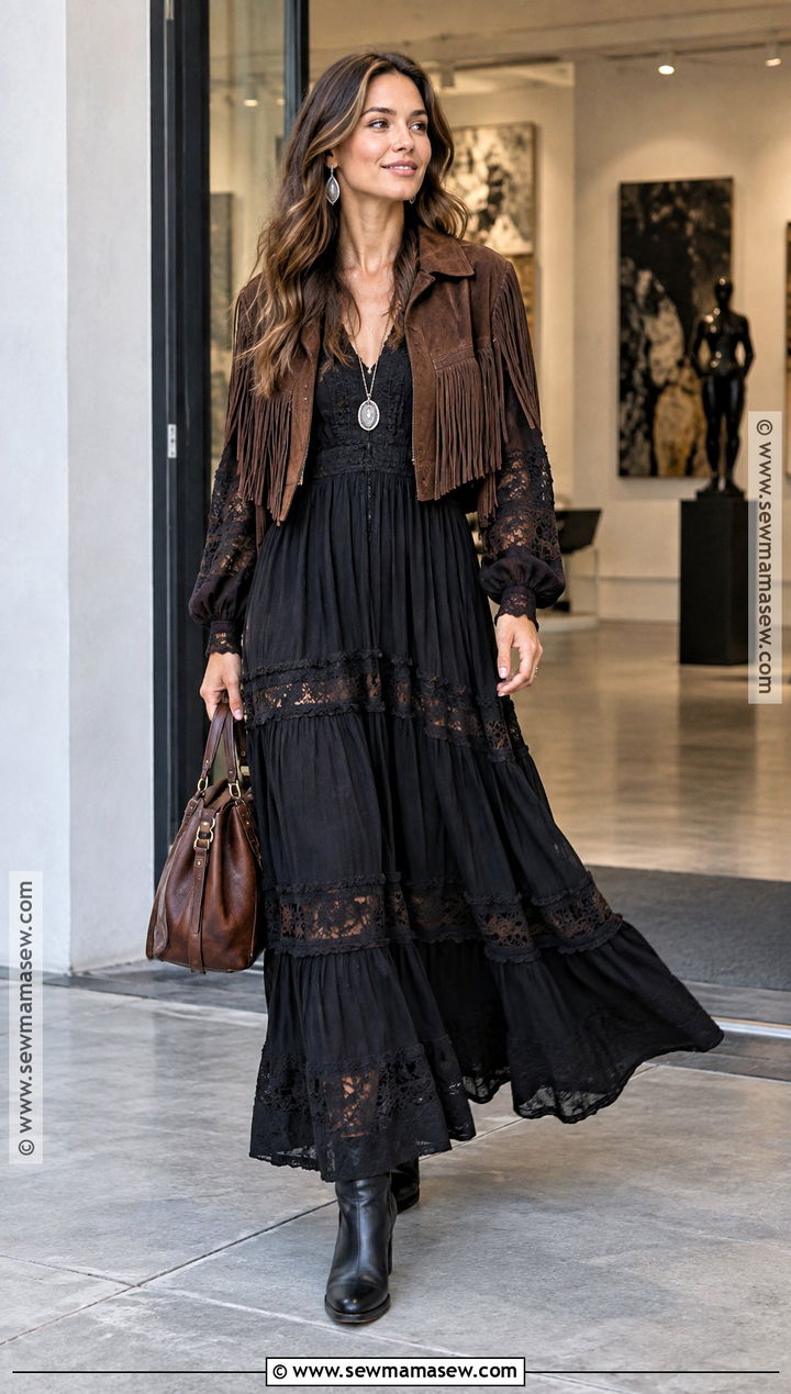 Black Boho Dress With Fringe Jacket - 15 Boho Fall Dress Ideas