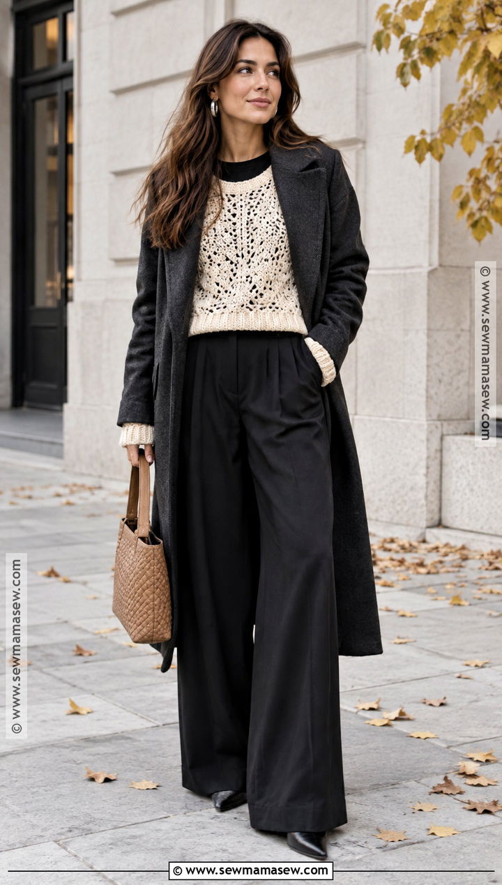 Black Boho Palazzo Pants With A Crochet Sweater - 15 boho pants outfit fall