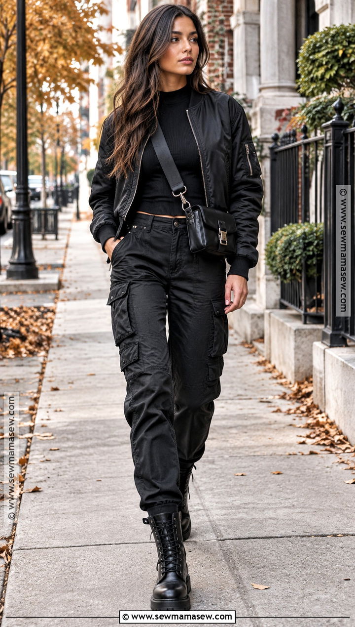 Black Bomber Jacket And Cargo Pants Outfit - 25 all black fall outfits