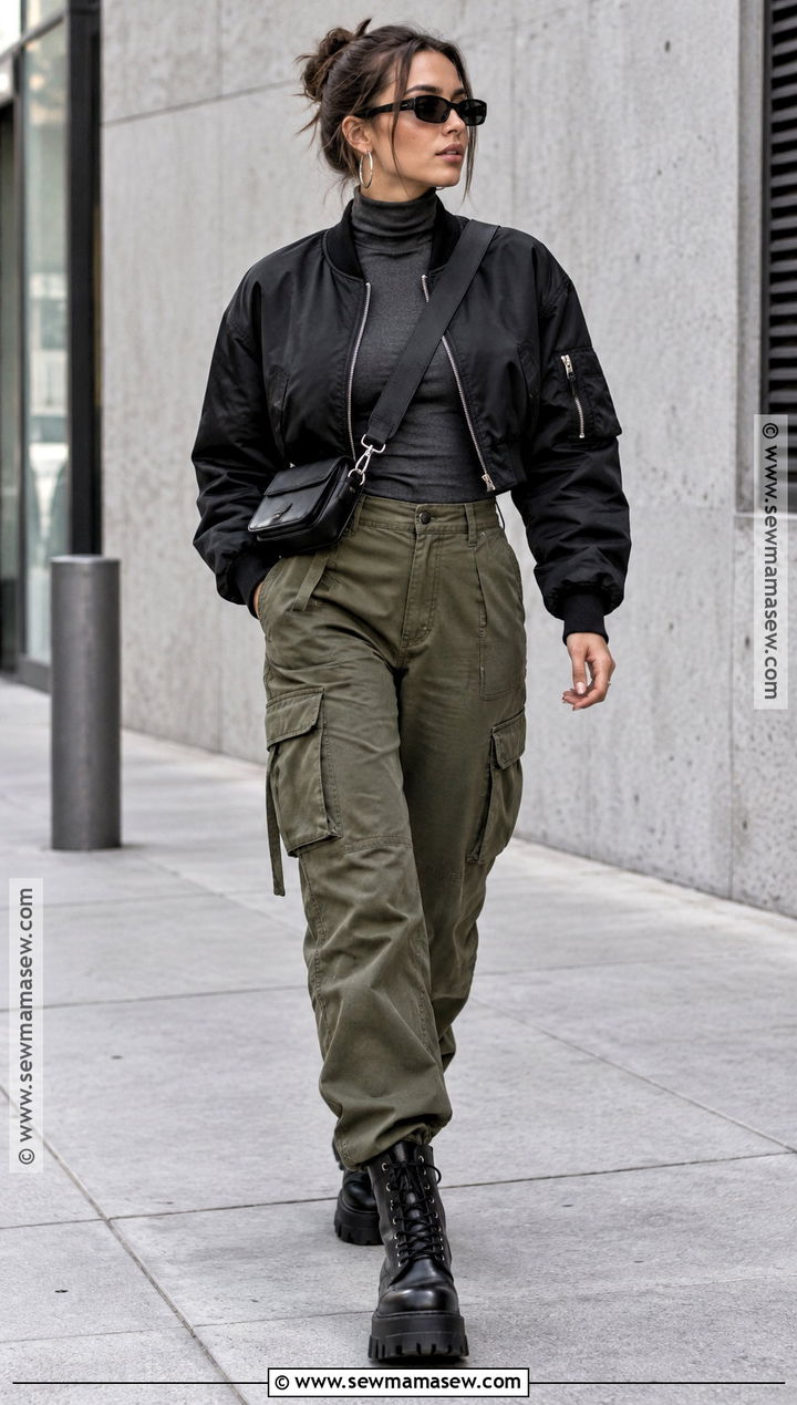 Black Bomber Jacket And Dark Cargo Pants Outfit - 20 dark fall aesthetic outfits