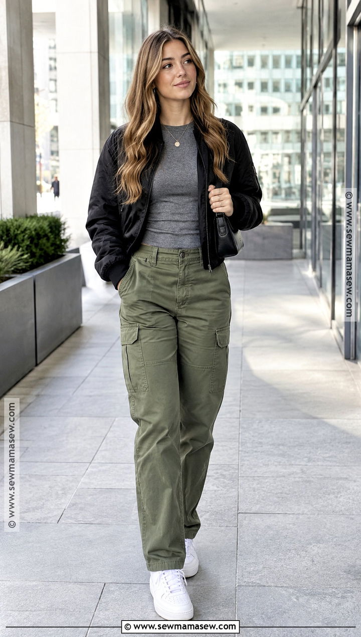 Black Bomber Jacket With Cargo Pants - 20 black jacket fall outfit ideas