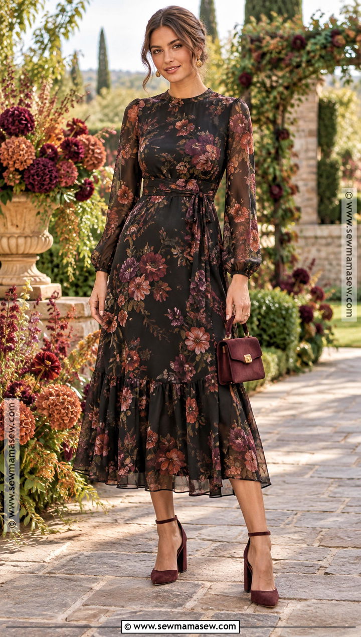 Black Botanical Print Midi Dress - 20 fall garden wedding guest dress ideas