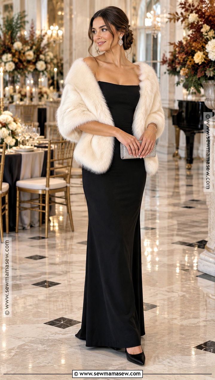 Black Bridesmaid Dress With Ivory Faux Fur Stole - 15 Bridesmaid Shawls And Wraps Fall Ideas