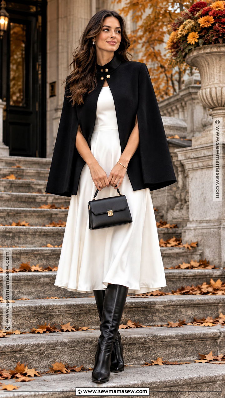 Black Cape And White Dress Fall Photo Outfit - 15 Black And White Fall Photo Outfits