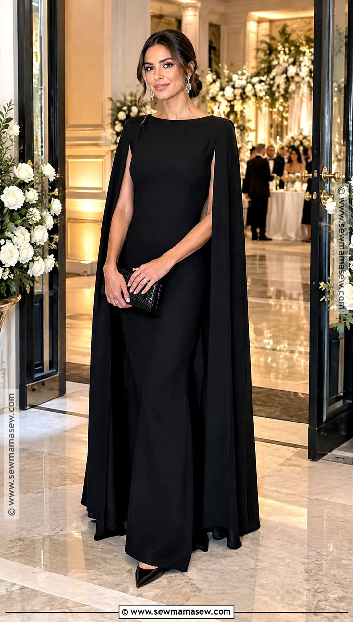 Black Cape Dress Outfit - 15 all black wedding guest outfit fall ideas