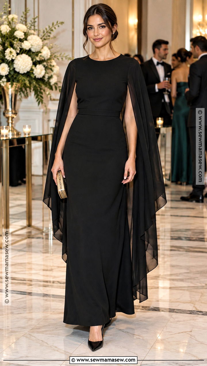 Black Cape Sleeve Dress - 15 Fall Wedding Black Dress Ideas