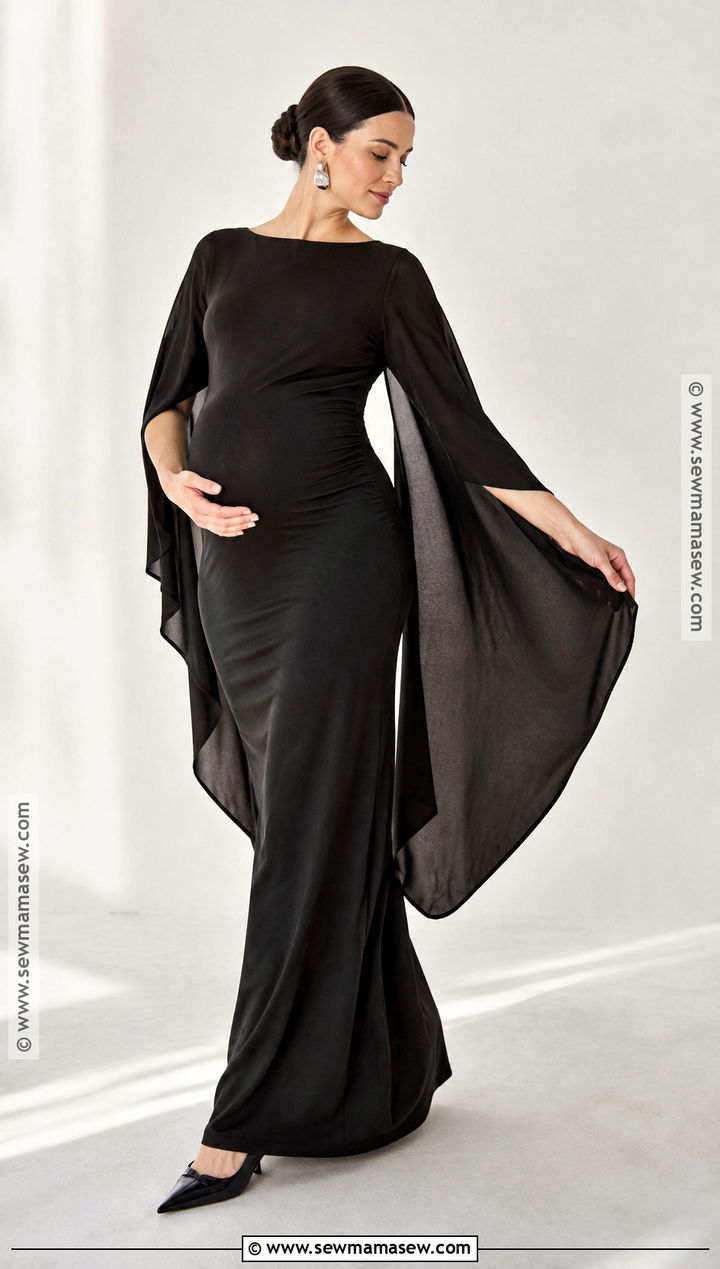 Black Cape Sleeve Maternity Gown - 15 Fall Maternity Shoot Black Dress Ideas