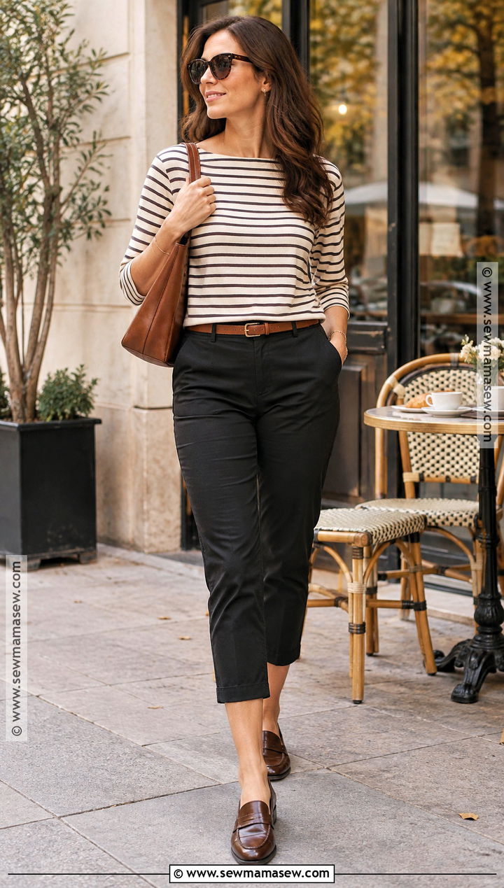 Black Capris And Striped Tee Autumn Outfit - 20 Autumn Outfits Hot Weather