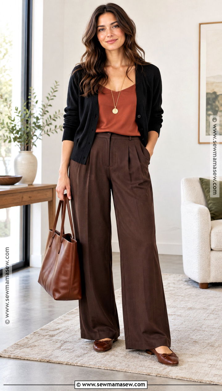 Black Cardigan And Chocolate Brown Pants Outfit - 15 Can Dark Autumn Wear Black Ideas