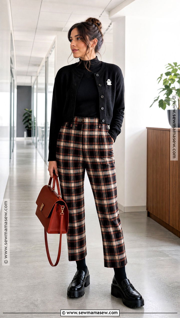 Black Cardigan And Plaid Pants Outfit - 30 Spooky Season Outfits