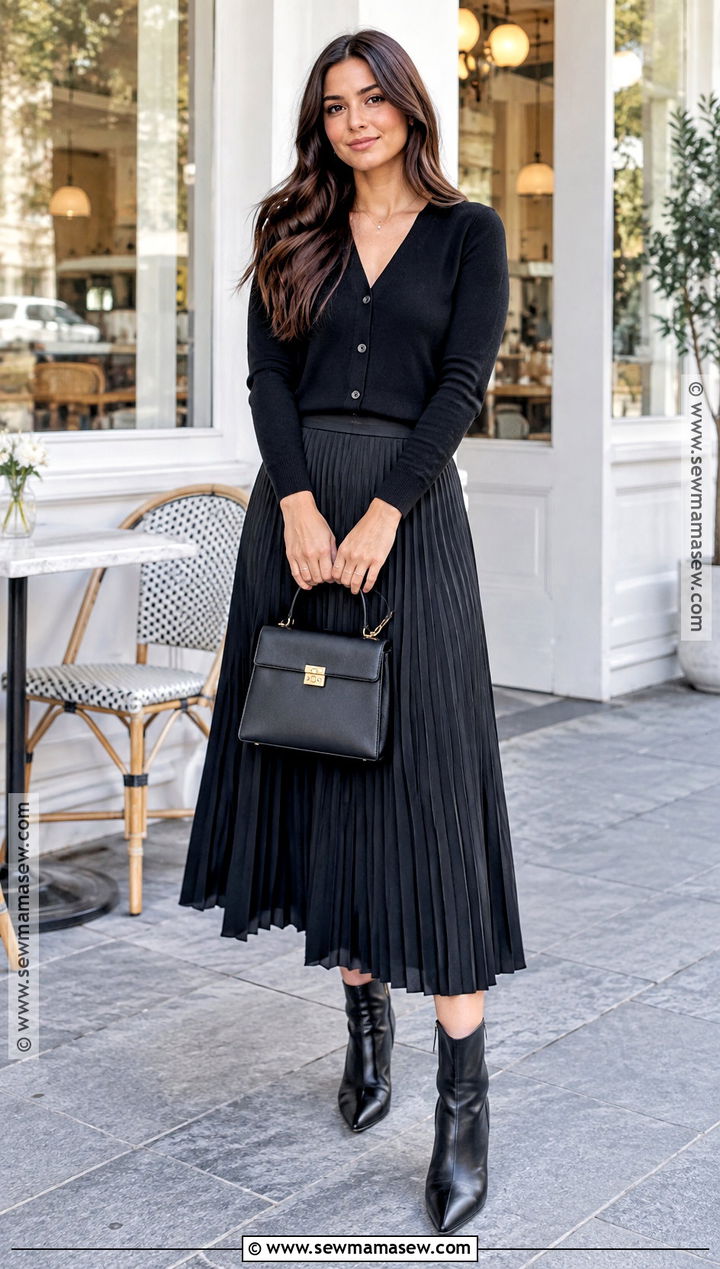 Black Cardigan And Pleated Midi Skirt Outfit - 25 black autumn outfit ideas