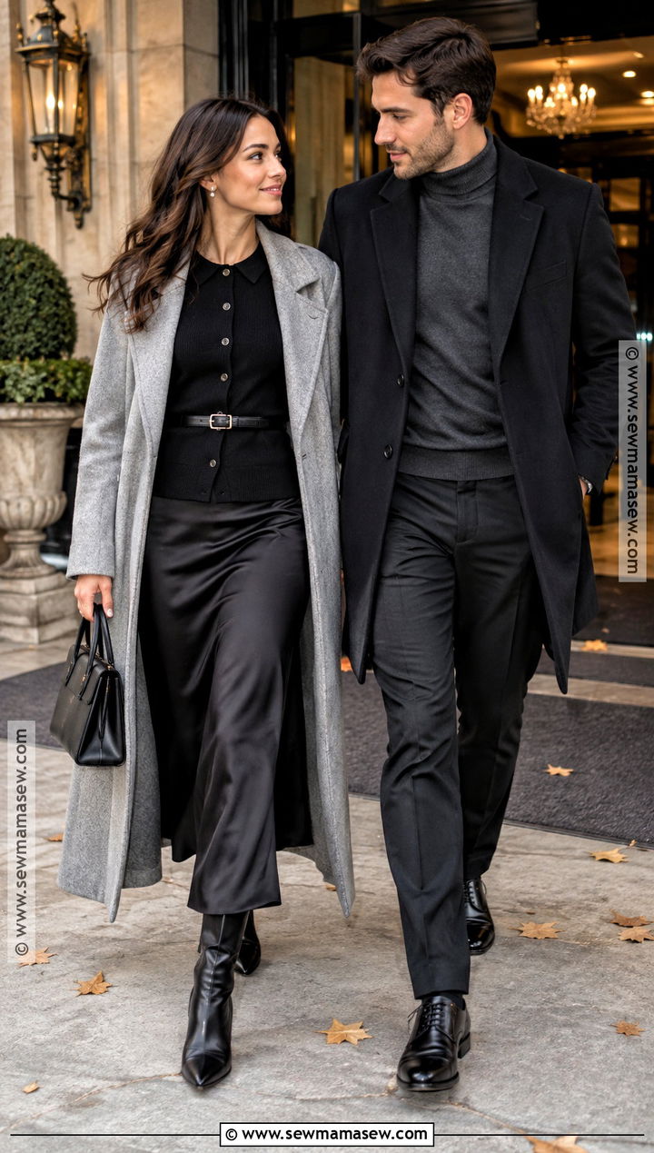 Black Cardigan And Satin Slip Skirt - 15 fall engagement pictures black outfit ideas