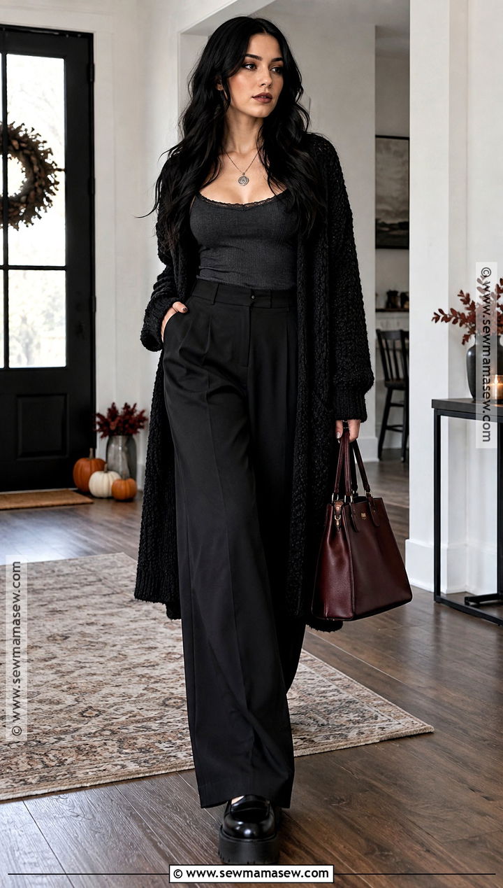 Black Cardigan And Wide Leg Pants Goth Outfit - 15 thanksgiving outfit goth ideas