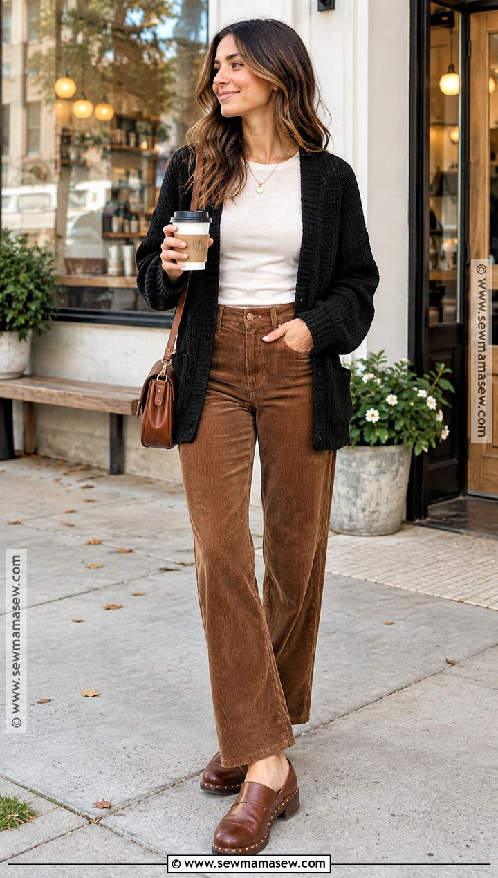 Black Cardigan With Corduroy Pants And Clogs - 15 Cozy Black Cardigan Fall Fashion Ideas