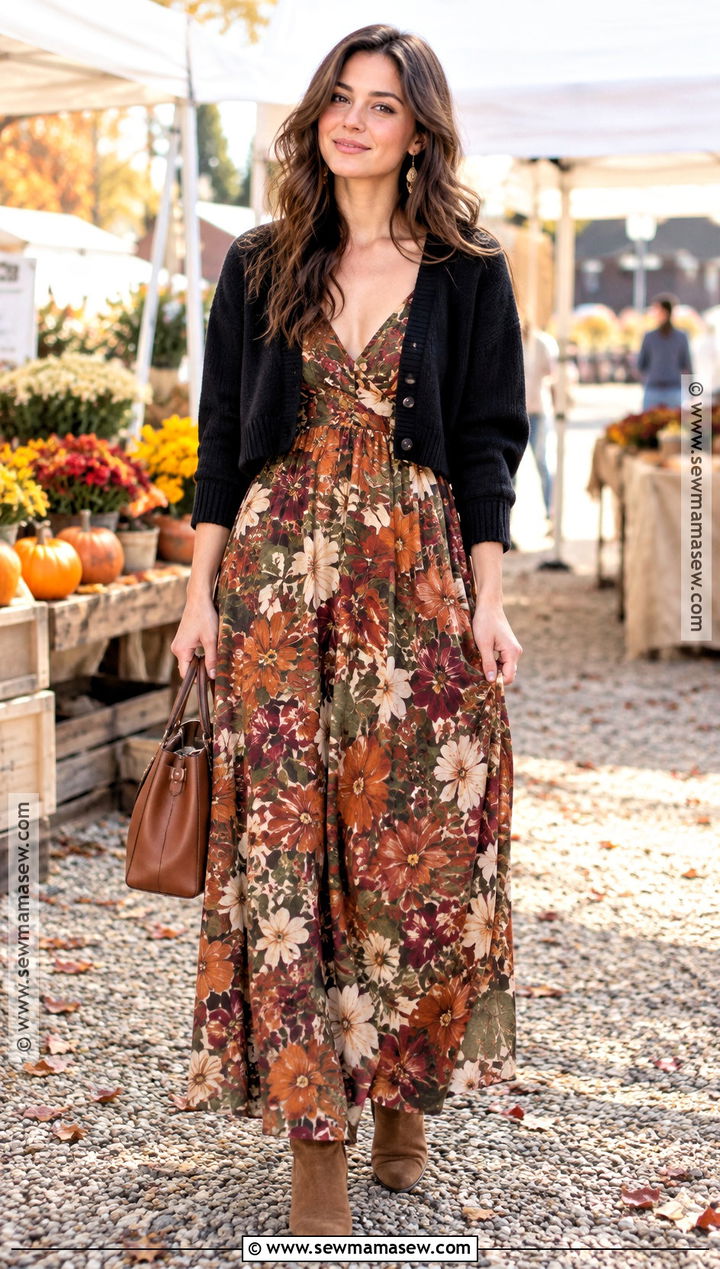Black Cardigan With Floral Maxi Dress And Belt - 15 Cozy Black Cardigan Fall Fashion Ideas
