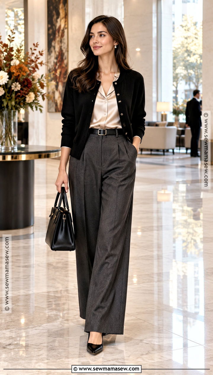 Black Cardigan With Silk Blouse And Tailored Pants - 20 autumn cardigan outfit ideas