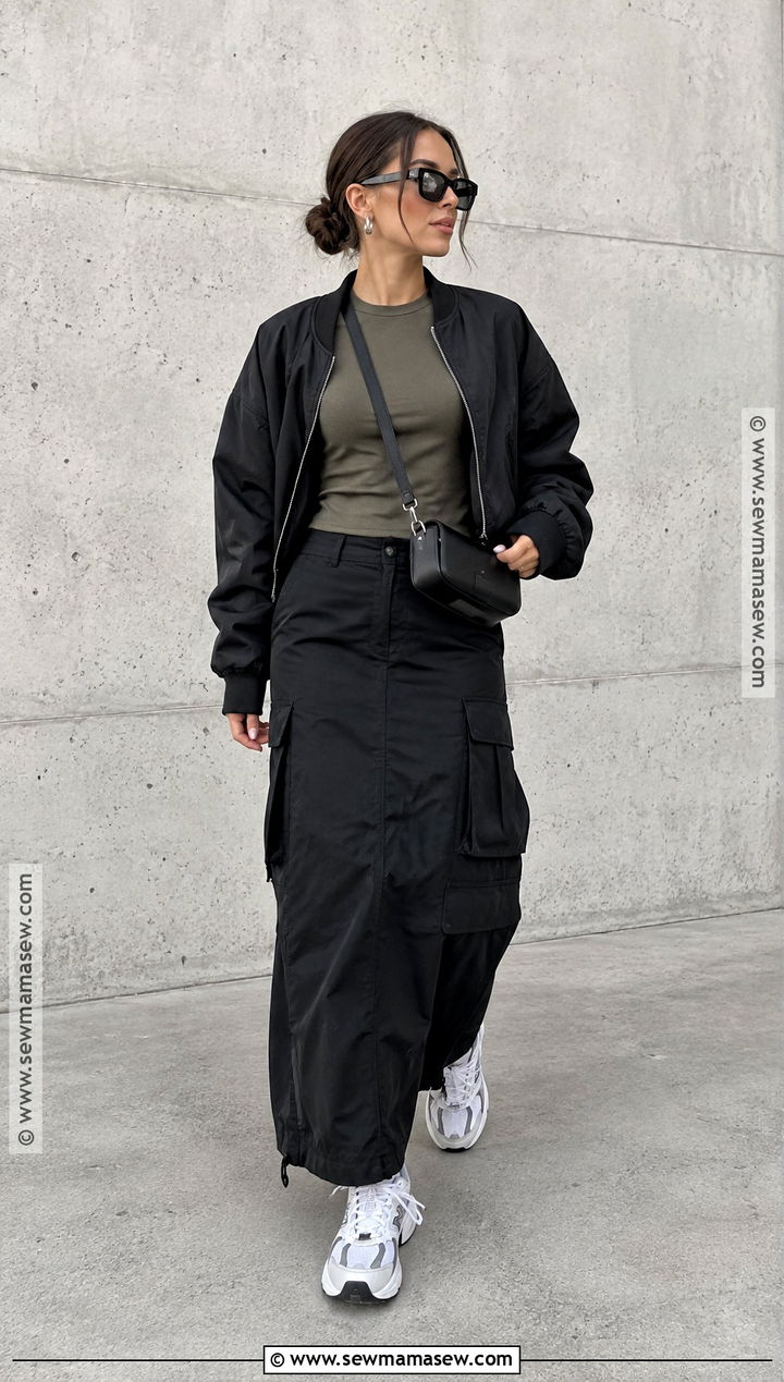 Black Cargo Maxi Skirt With Fitted Top And Bomber Jacket - 20 black skirt autumn outfit ideas