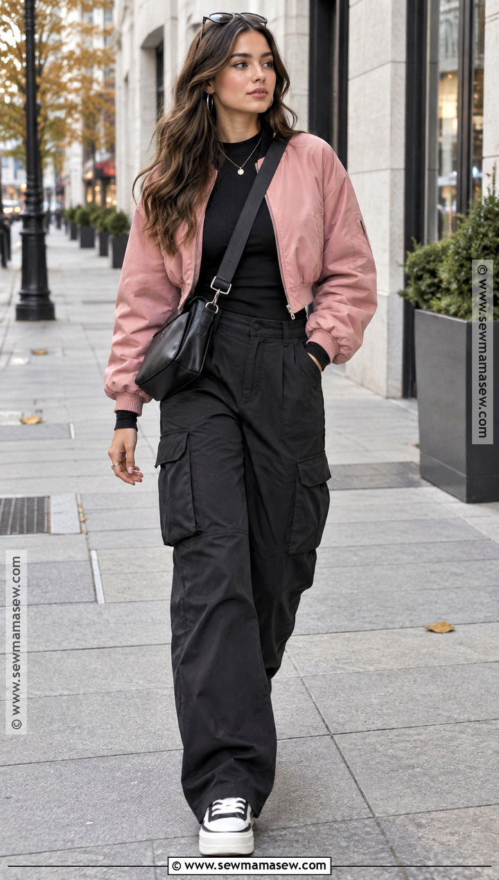 Black Cargo Pants And Pink Bomber Jacket Fall Outfit - 15 fall fashion black and pink ideas
