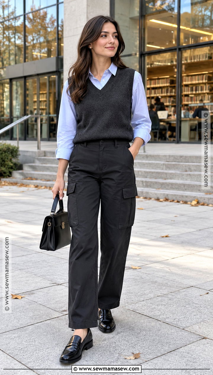 Black Cargo Pants With Button Down Shirt And Sweater Vest - 20 black cargo pants outfit fall