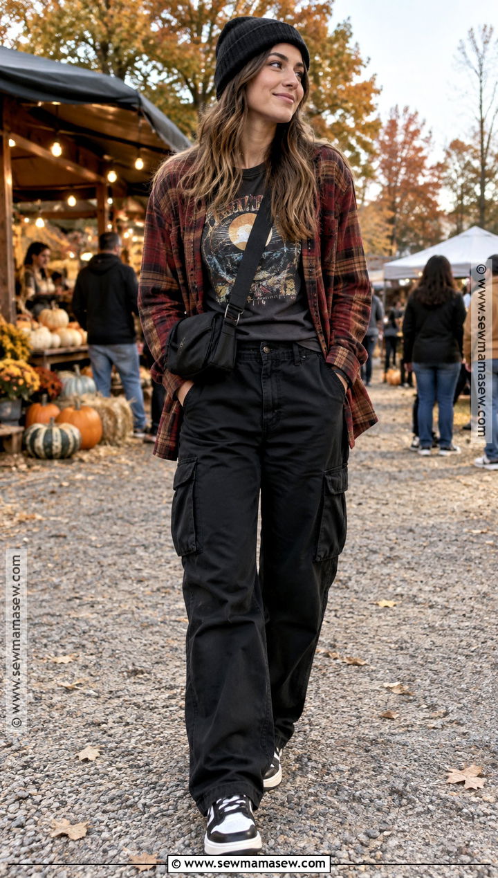 Black Cargo Pants With Graphic Tee And Flannel Shirt - 20 black cargo pants outfit fall