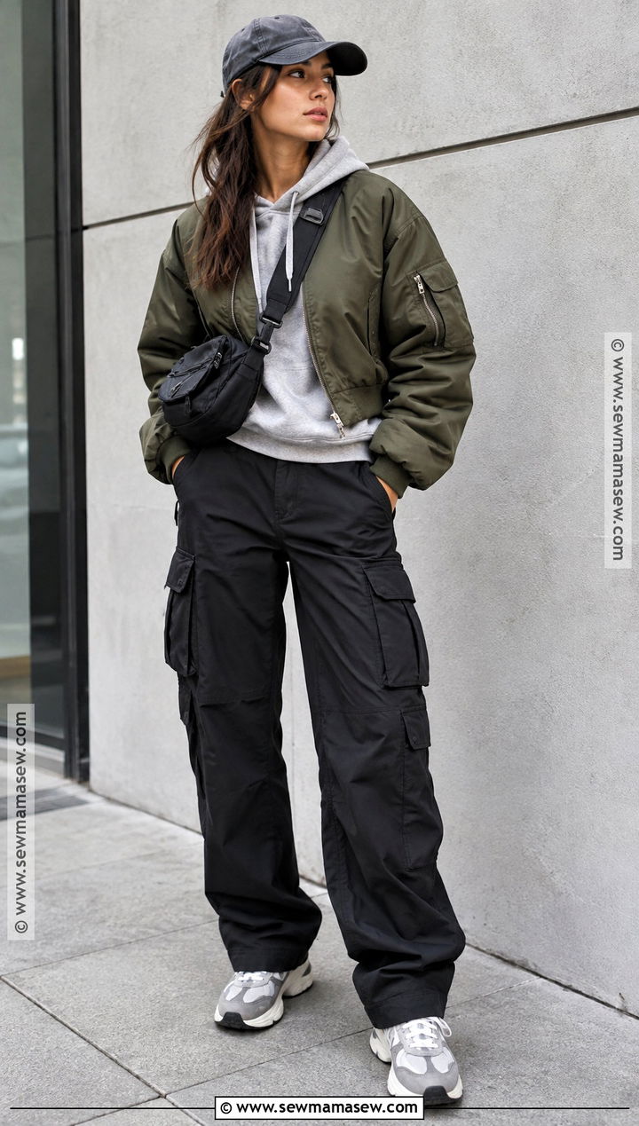 Black Cargo Pants With Gray Hoodie And Bomber Jacket - 20 black cargo pants outfit fall