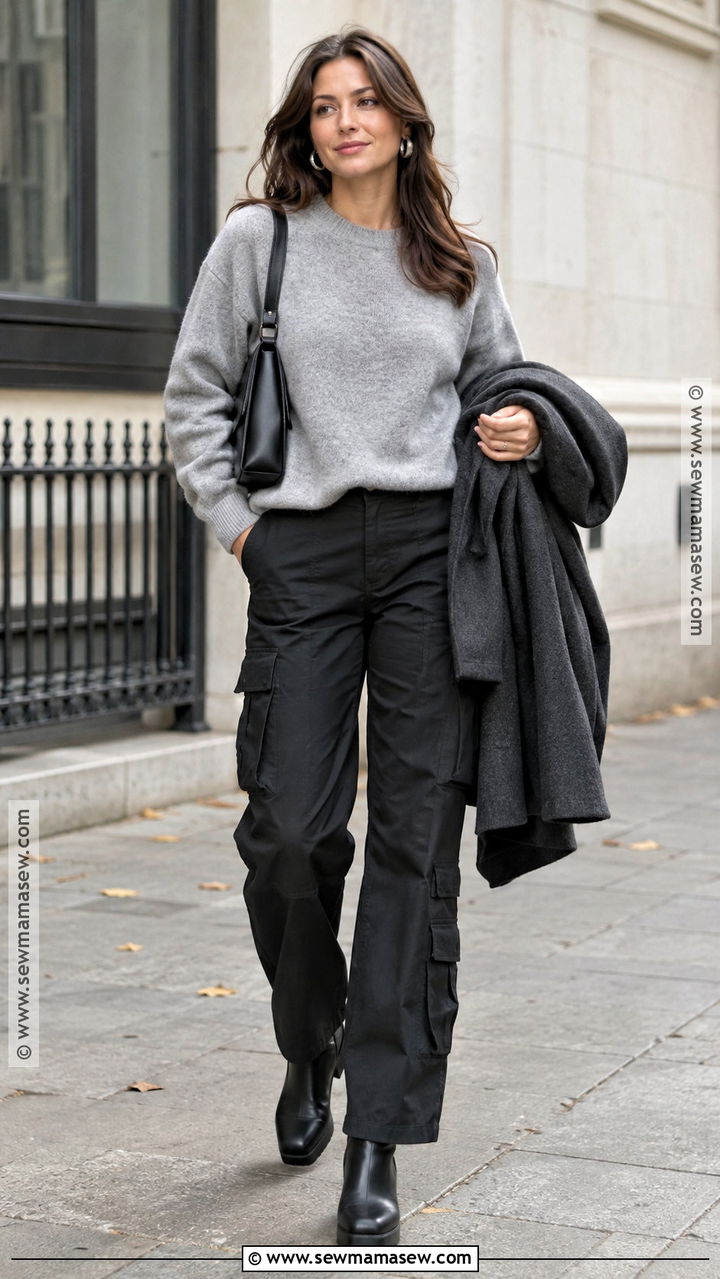 Black Cargo Pants With Gray Sweater And Ankle Boots - 20 fall cargo pants outfit for women