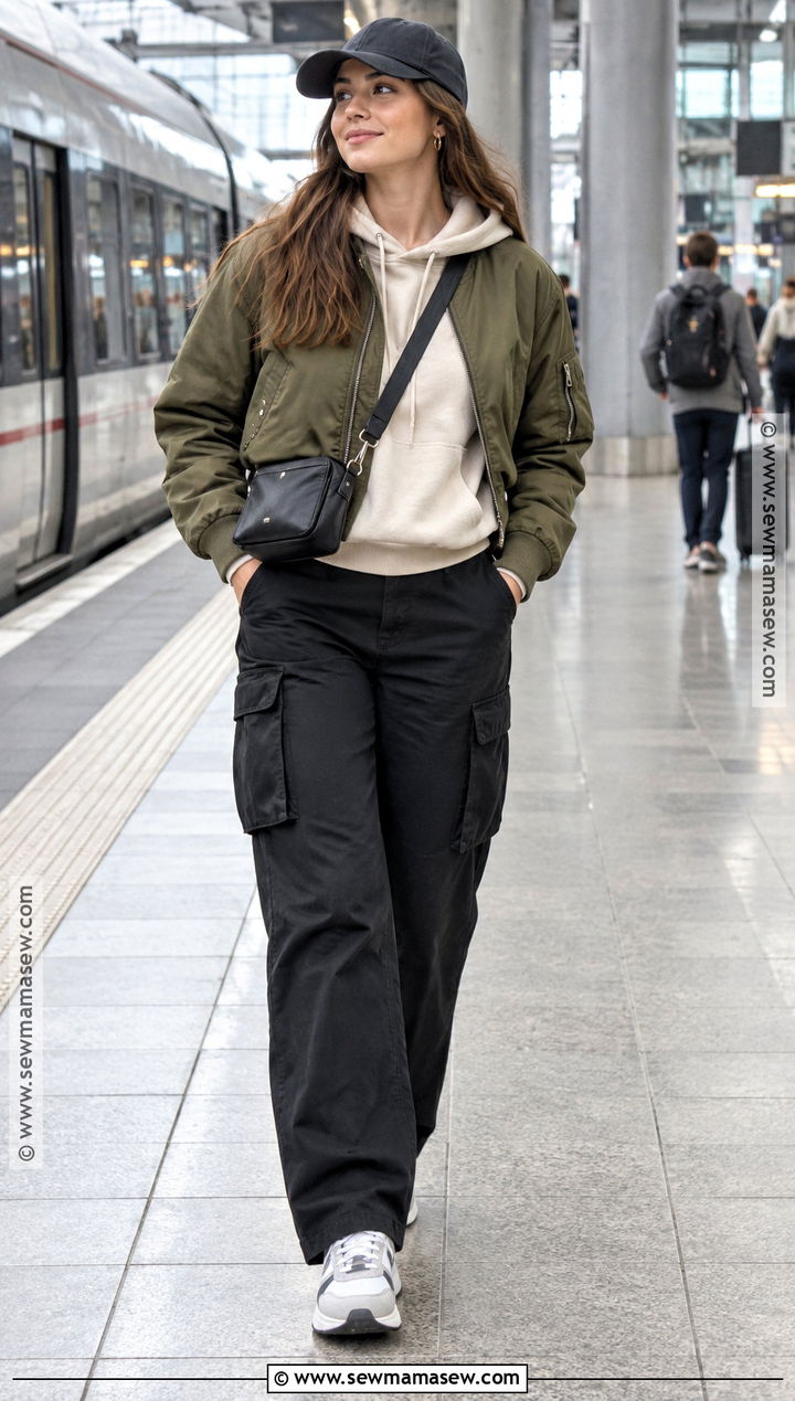 Black Cargo Pants With Hoodie And Bomber Jacket - 20 black pants outfit autumn