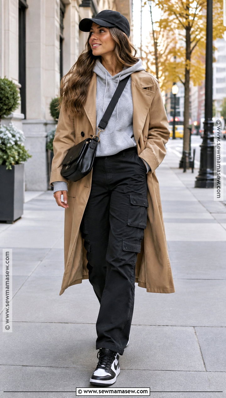 Black Cargo Pants With Hoodie And Trench Coat - 15 Cargo Pants Outfit Fall Street Styles