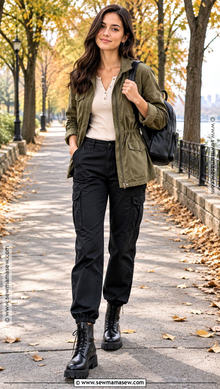 Black Cargo Pants With Olive Utility Jacket And Boots - 20 black cargo pants outfit fall