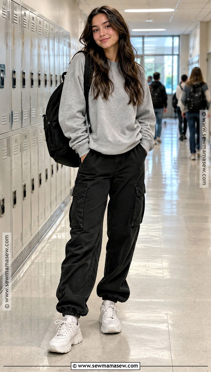 Black Cargo Pants With Oversized Sweatshirt - 20 back to school outfits cargo pants