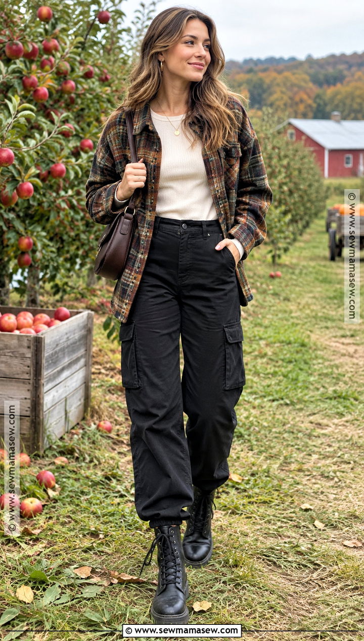 Black Cargo Pants With Plaid Shacket And Combat Boots - 20 black cargo pants outfit fall