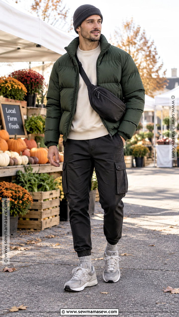 Black Cargo Pants With Puffer Jacket And Sneakers - 15 Black Pants Fall Outfit for Men