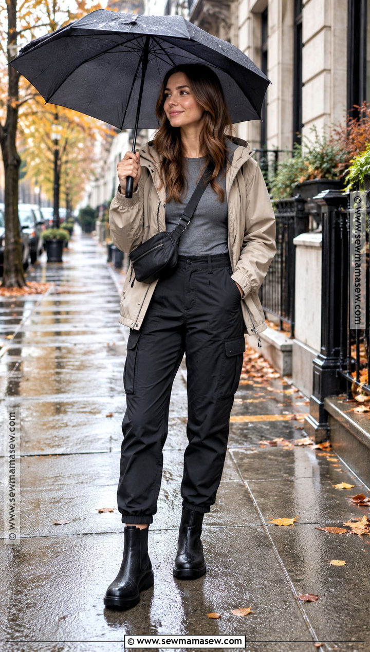 Black Cargo Pants With Rain Jacket And Waterproof Boots - 20 black cargo pants outfit fall