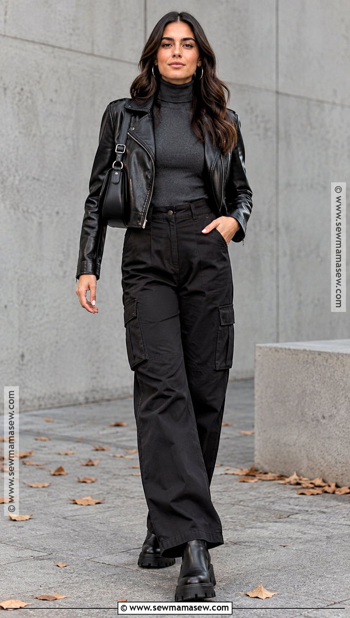 Black Cargo Pants With Turtleneck And Leather Jacket - 15 cargo autumn outfit ideas