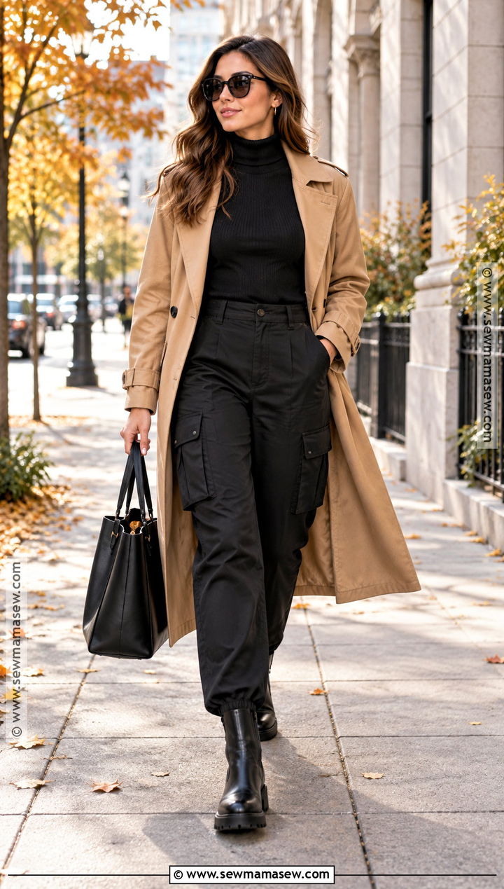 Black Cargo Pants With Turtleneck And Trench Coat - 20 black cargo pants outfit fall