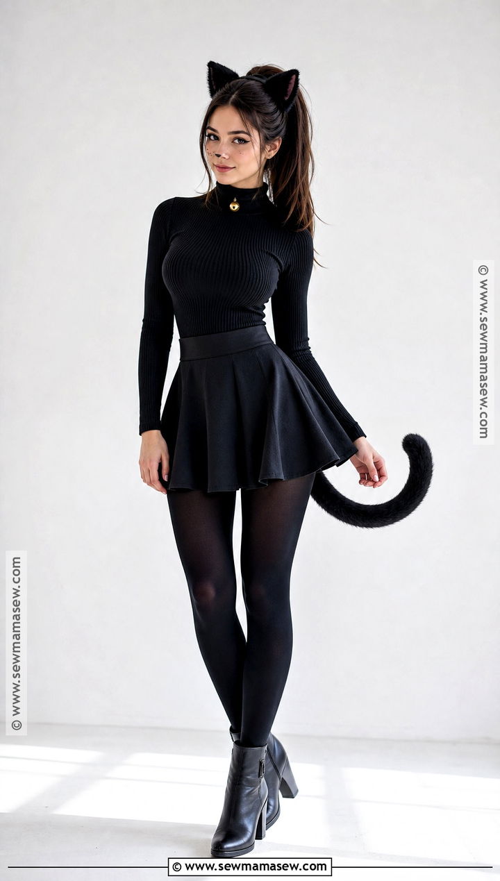 Black Cat Costume With Brown High Ponytail - 30 halloween costumes for brown hair