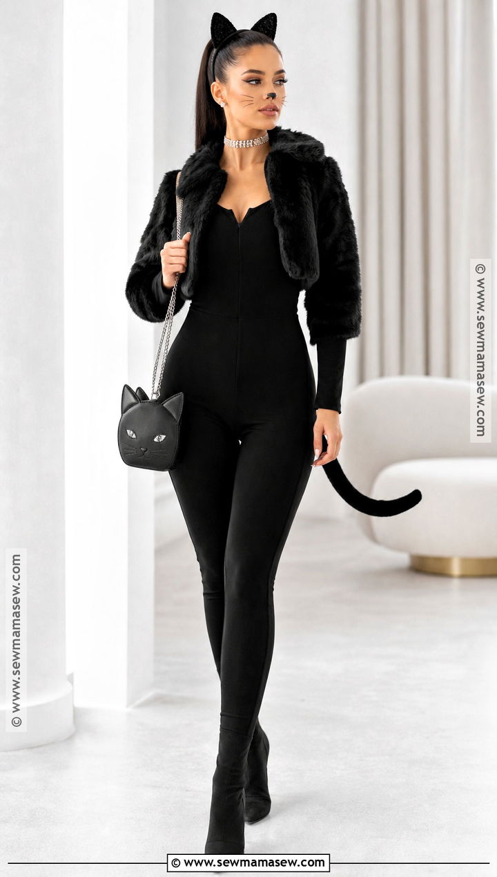 Black Cat Costume With Faux Fur Coat - 35 halloween aesthetic costume ideas