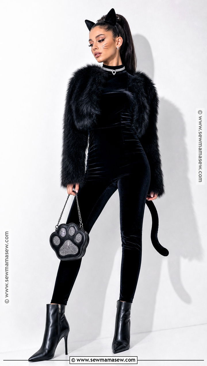 Black Cat Costume With Velvet Jumpsuit - 35 pretty halloween costumes