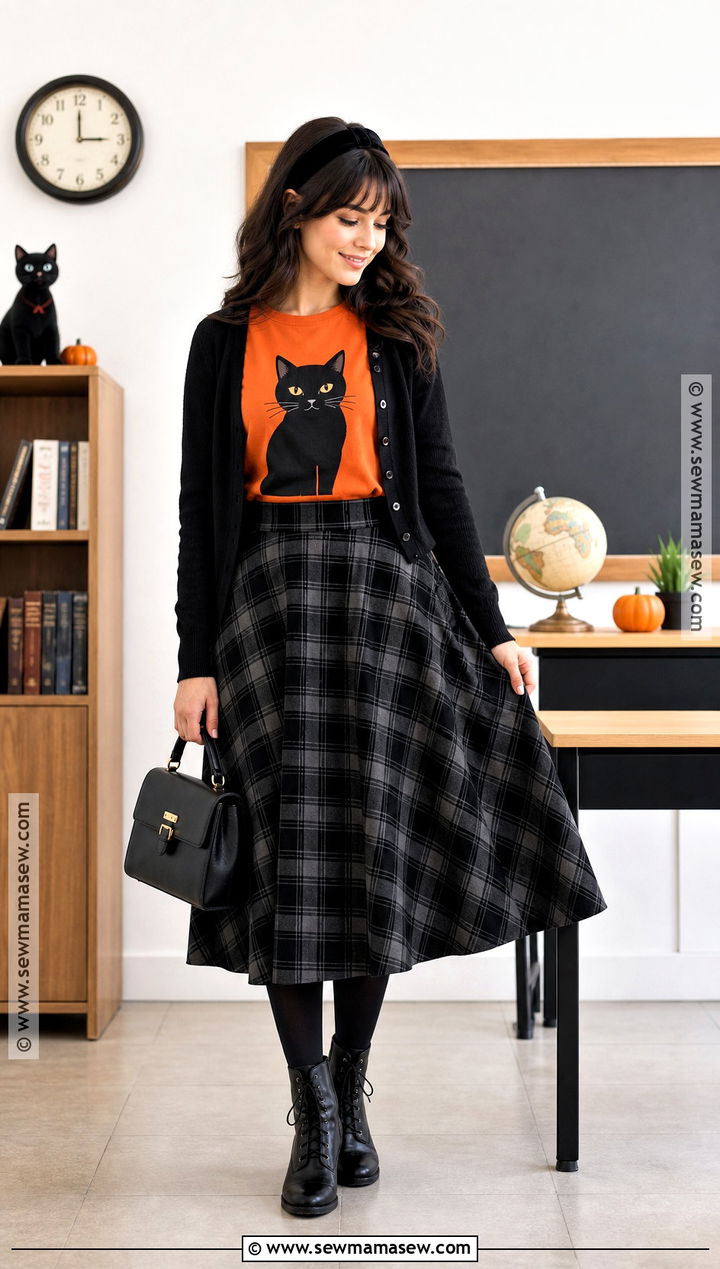 Black Cat Halloween Shirt With Plaid Skirt - 35 Halloween Shirt Ideas