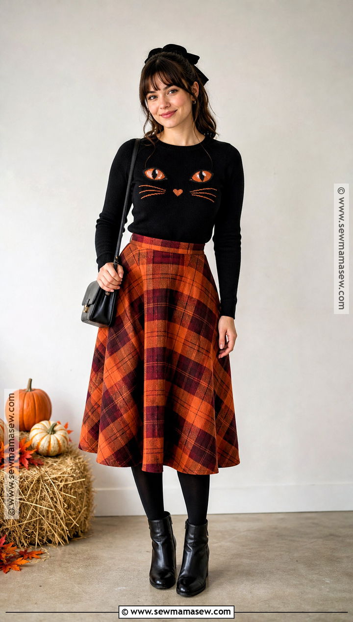 Black Cat Halloween Sweater With Plaid Skirt - 35 halloween sweater ideas