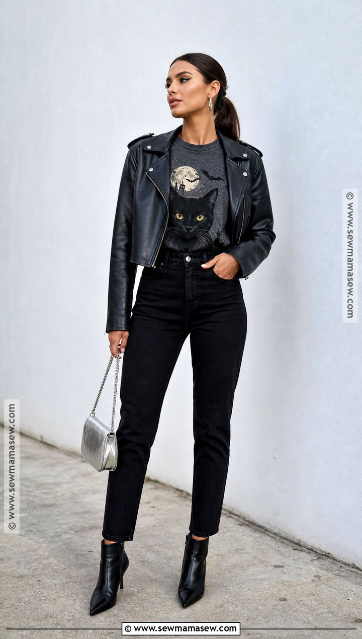 Black Cat Halloween T Shirt With Leather Jacket - 30 halloween tshirt ideas