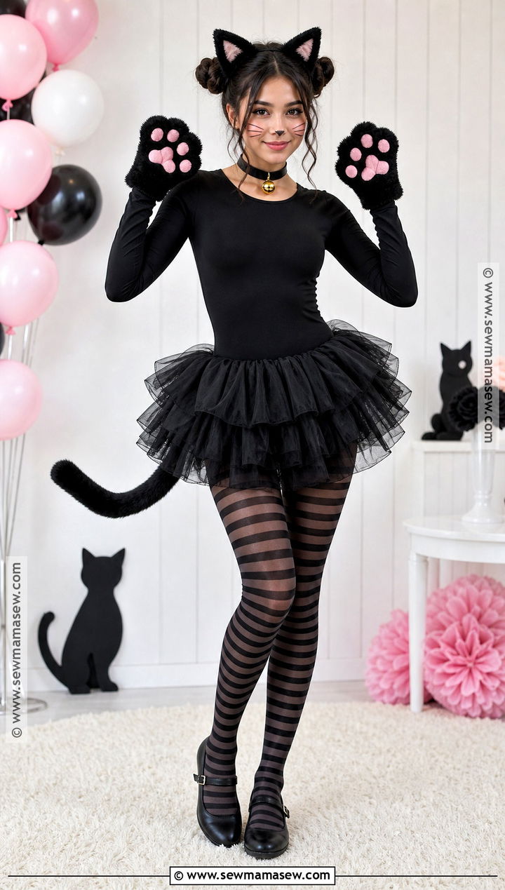 Black Cat Tutu Costume With Striped Tights - 45 black cat halloween costume ideas