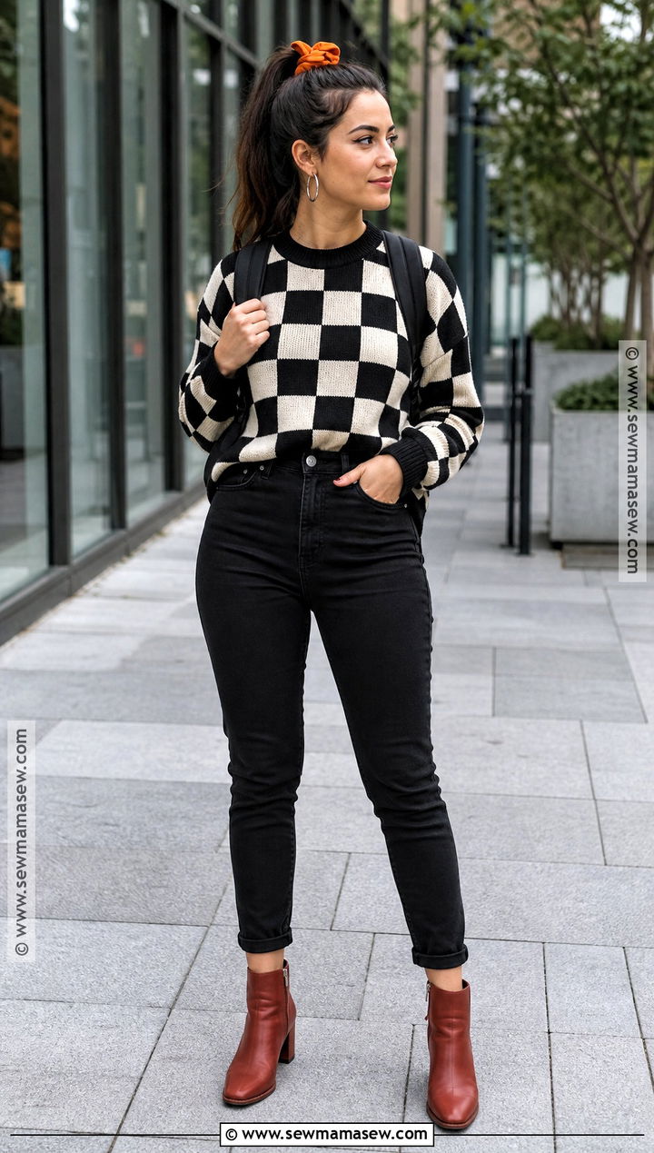 Black Checkerboard Sweater And Jeans Outfit - 35 casual halloween outfits