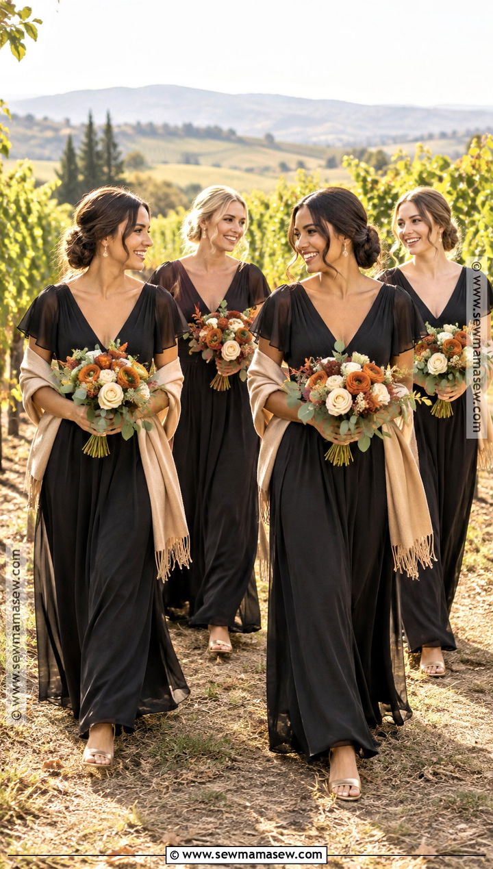 Black Chiffon Bridesmaid Dress With Burnt Orange Flowers - 15 Fall Wedding With Black Bridesmaid Dresses